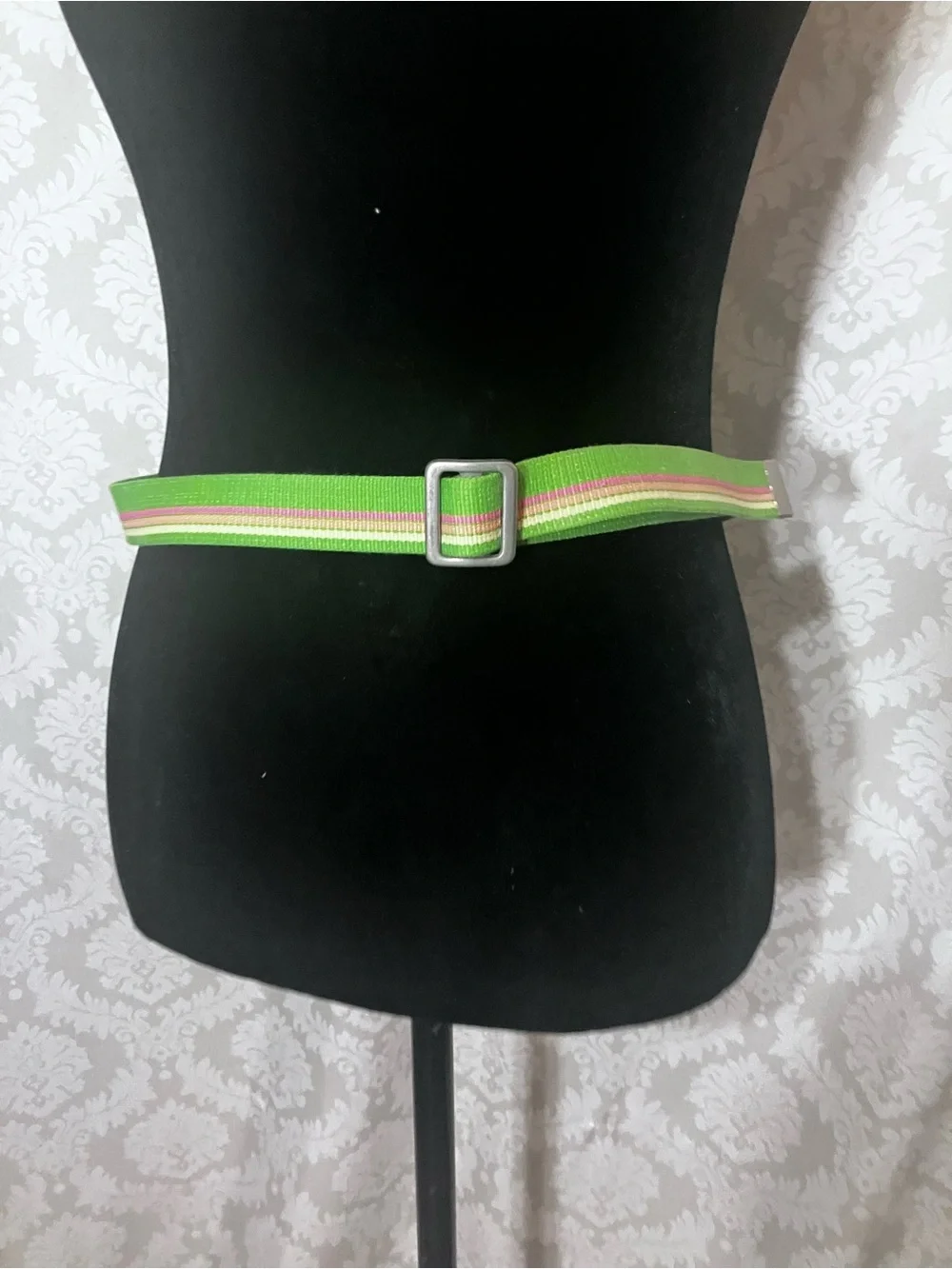 J Crew green and pink striped fabric belt metallic D-ring closure